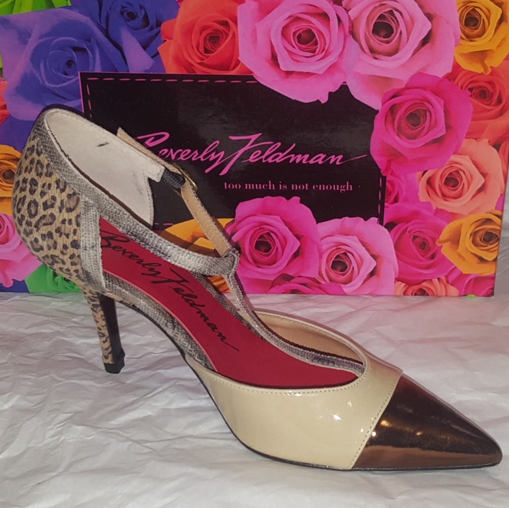 BEVERLY FELDMAN new t strap lepoard high heel shoe